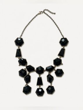 Black Geometric Statement Bib Necklace Silver Tone Faceted Stones
